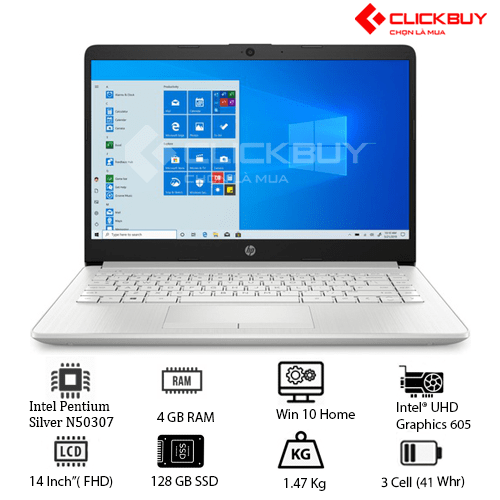Laptop HP 14-CF2033WM (Pentium Silver N5030/4GB RAM/128GB SSD/14 HD/Win10/Bạc)