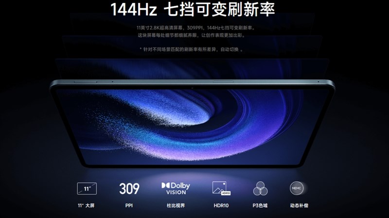 Xiaomi Pad 6 Pro được trang bị màn hình LCD, kích thước 11 inch, độ phân giải 2.8 K (2.880x1.800 pixel), cùng tần số quét lên đến 144 Hz.