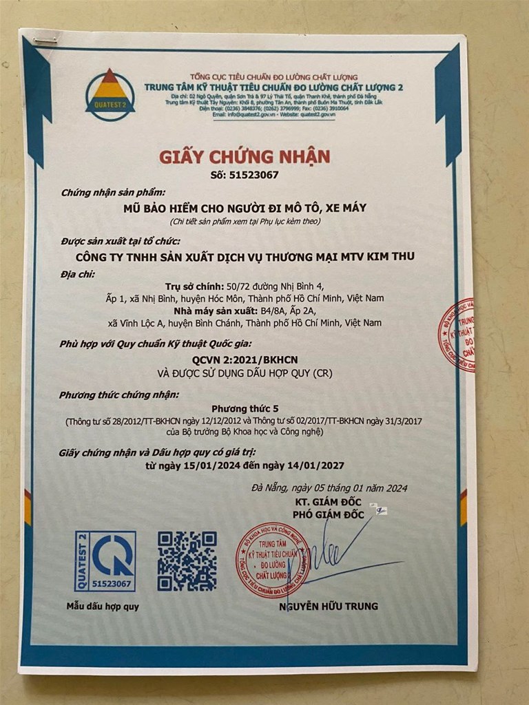 Giấy chứng nhận mũ bảo hiểm đạt chất lượng cao