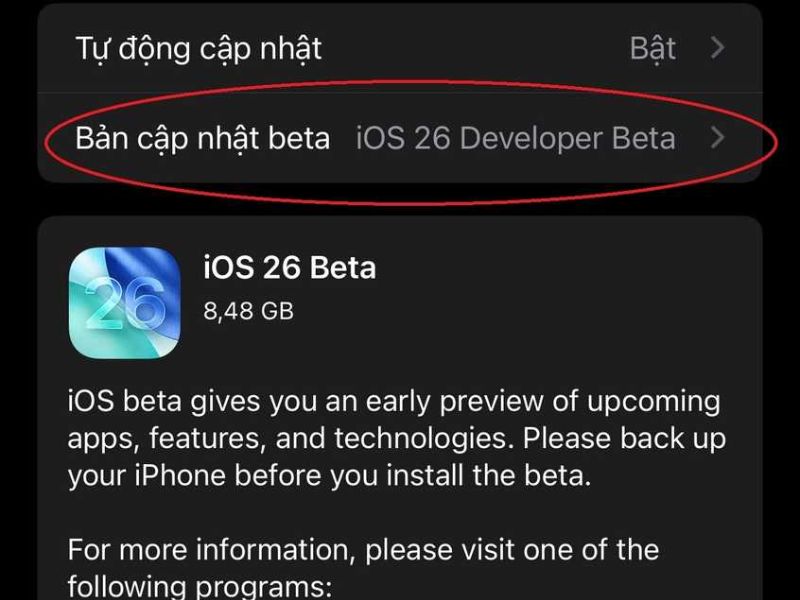 Vào cài đặt cập nhật iOS 26 beta