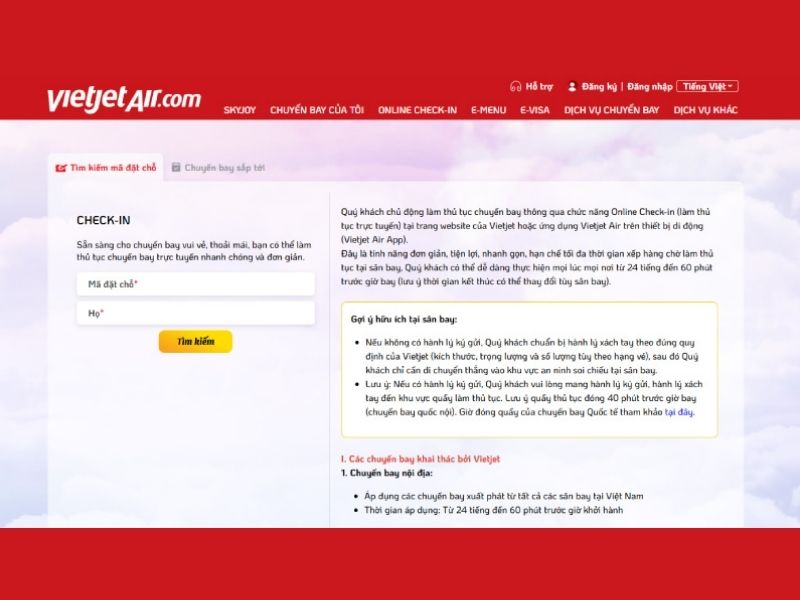 Hướng dẫn checkin onl Vietjet bằng web