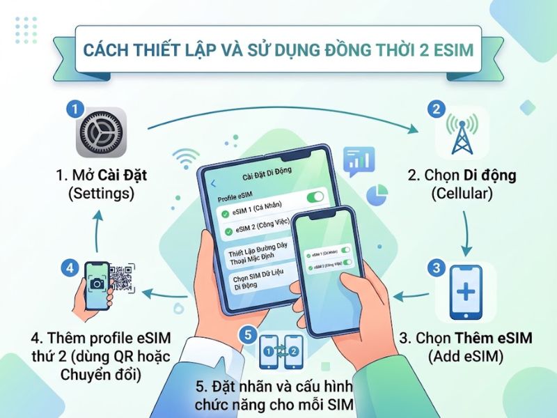 Cách thiết lập và sử dụng đồng thời 2 eSIM