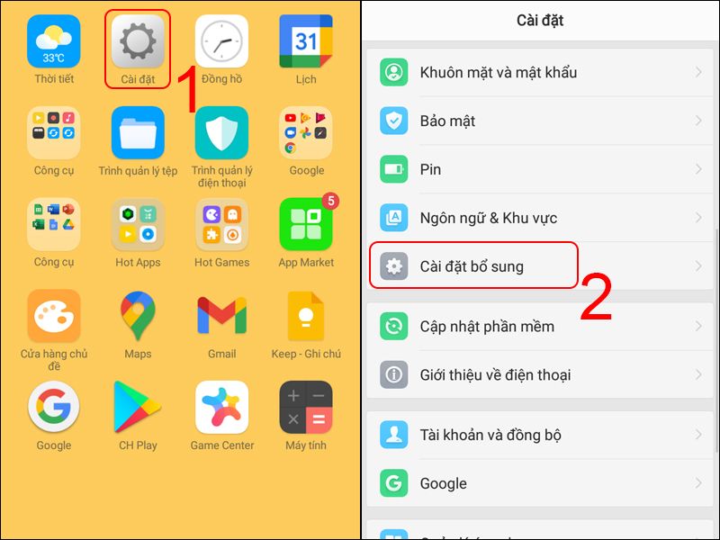cài đặt bổ sung oppo