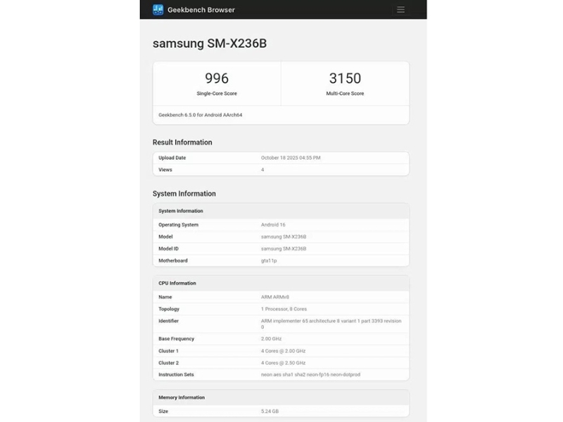 Điểm Geekbench Galaxy Tab A11+