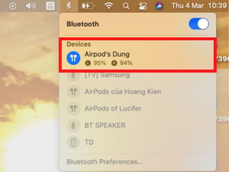 kết nối AirPod qua Bluetooth
