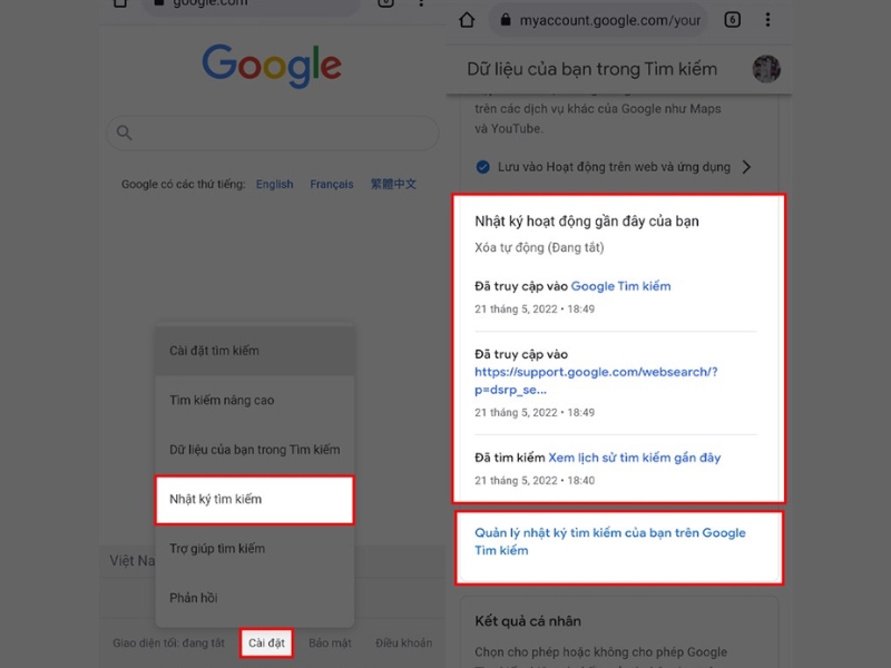 Mở Google và truy cập Cài đặt