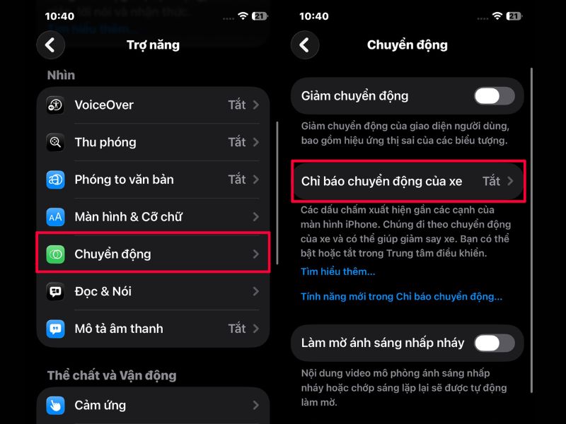 Bật chỉ báo chuyển động của xe