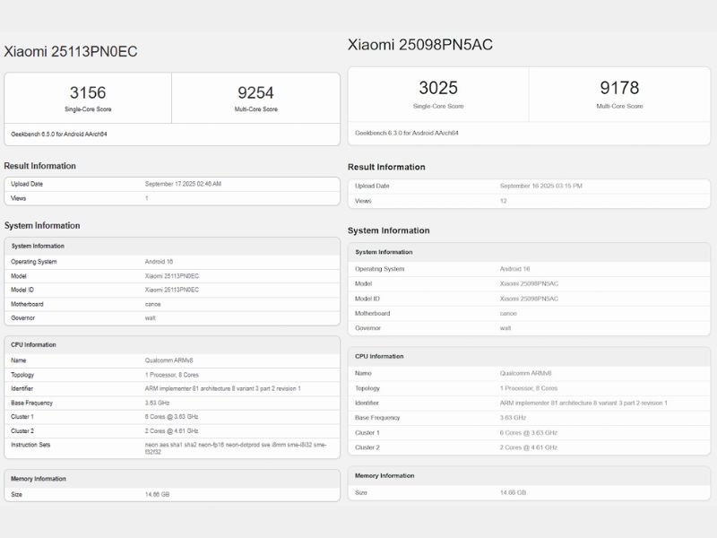 Điểm Geekbench của Xiaomi 17
