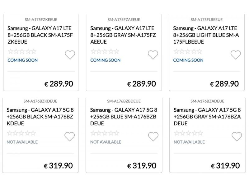 Giá bán niêm yết ở Châu Âu của Galaxy A17 4G và Galaxy A17 5G