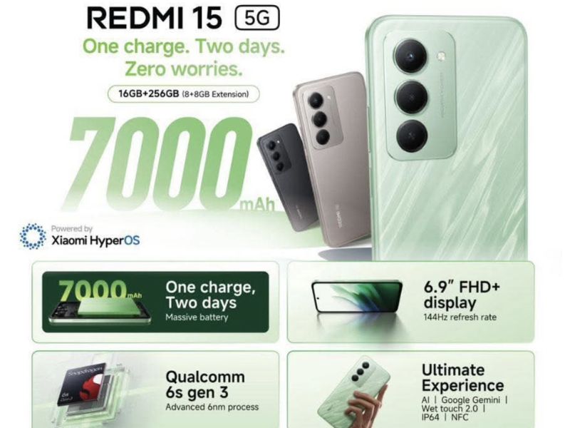 Redmi 15 5G: Viên pin 7.000mAh và màn hình 144Hz gây chú ý