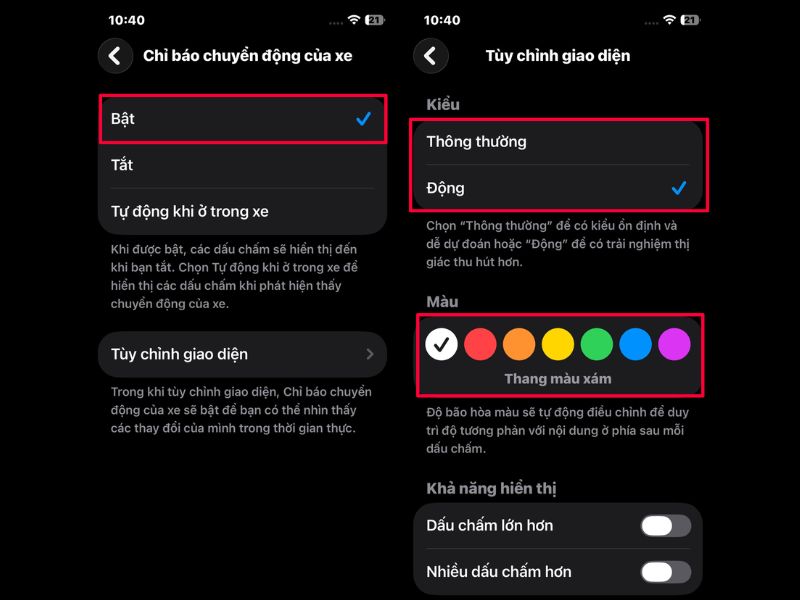 Tùy chỉnh màu sắc cho tính năng giảm say xe