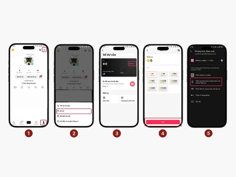 Các bước thực hiện nạp xu Tiktok