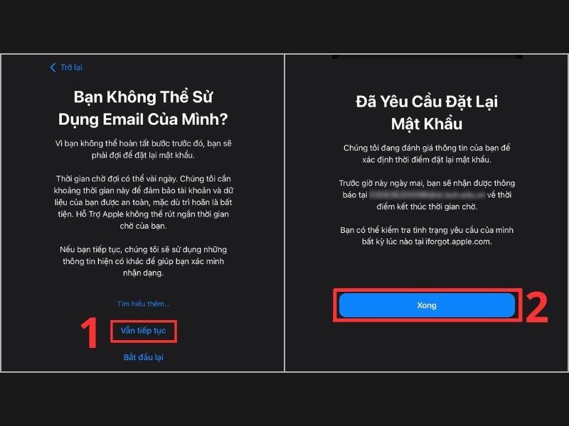 Không thể sử dụng email lấy lại iCloud