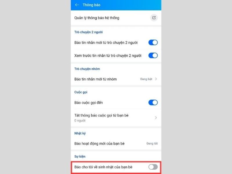 Cách tắt thông sinh nhật của bạn bè trên Zalo