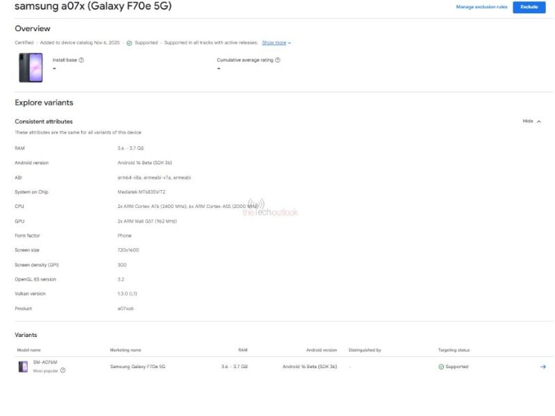 Cấu hình Galaxy F70e 5G lộ diện trên Google Play Console
