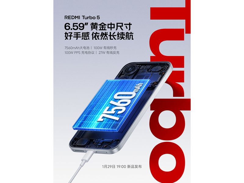 Redmi Turbo 5 có viên pin dung lượng 7.560 mAh