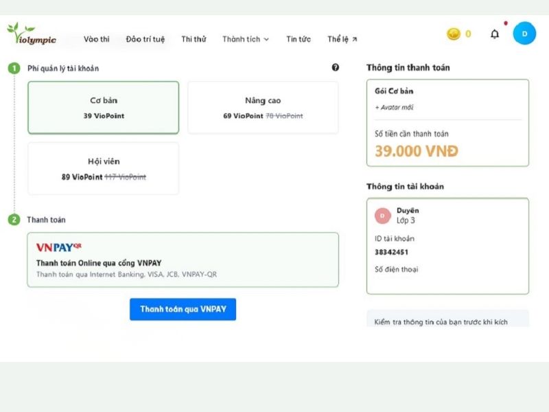 Đăng ký gói tài khoản trên Violympic vn