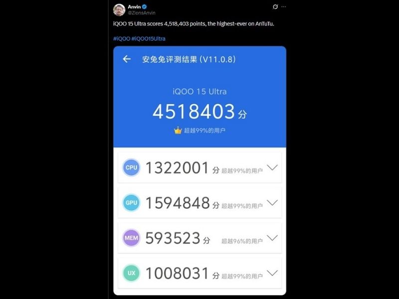 Vivo iQOO 15 Ultra đạt hơn 4.5 triệu điểm AnTuTu