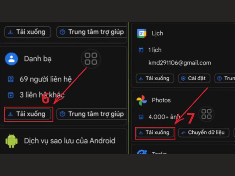 Tải xuống các dữ liệu đã sao lưu