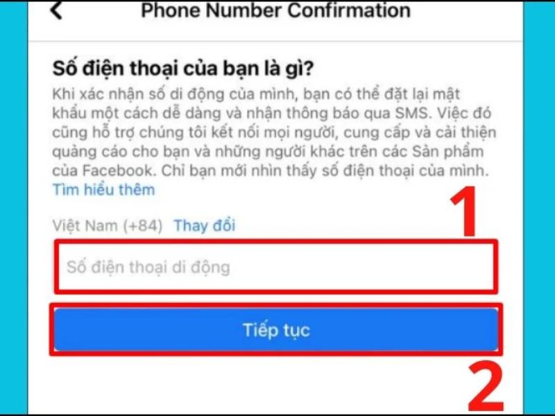 Nhập số điện thoại mới trên Facebook