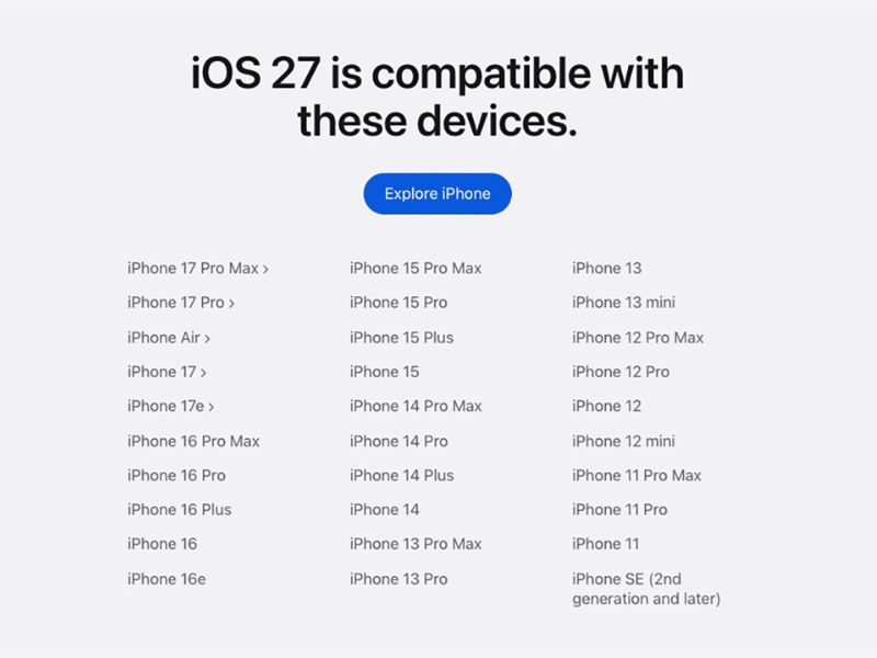 Danh sách các mẫu iPhone được hỗ trợ cập nhật iOS 27