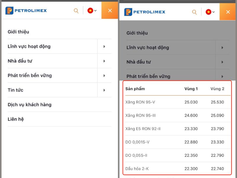 Kiểm tra giá xăng dầu trên trang web chính thức của Petrolimex