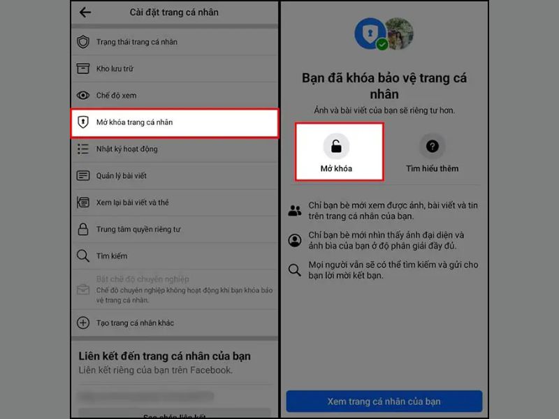 Mở khóa bảo vệ trang cá nhân Facebook
