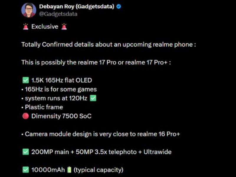 Rò rỉ thông tin về Realme 17 Pro