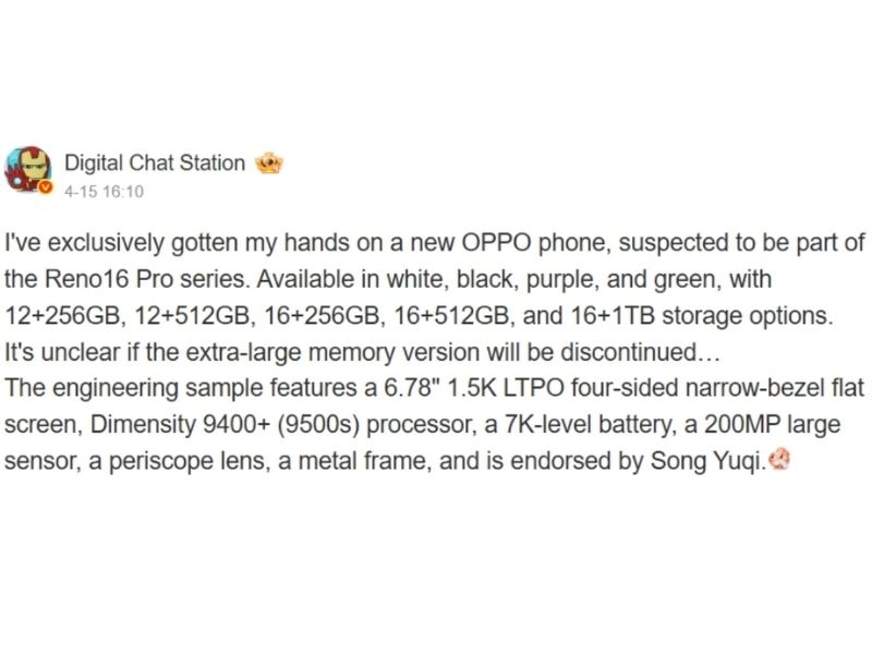 Rò rỉ thông số OPPO Reno16 Pro với chip Dimensity 9500s mạnh mẽ