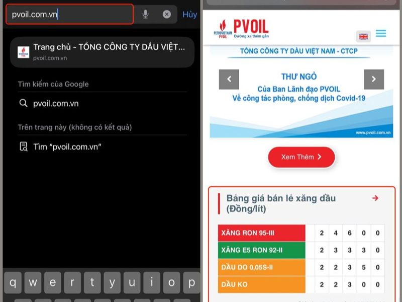 Tra cứu giá xăng dầu trên website của PVOIL