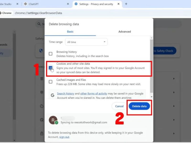 Xóa cache của trình duyệt để tải lại Chat GPT