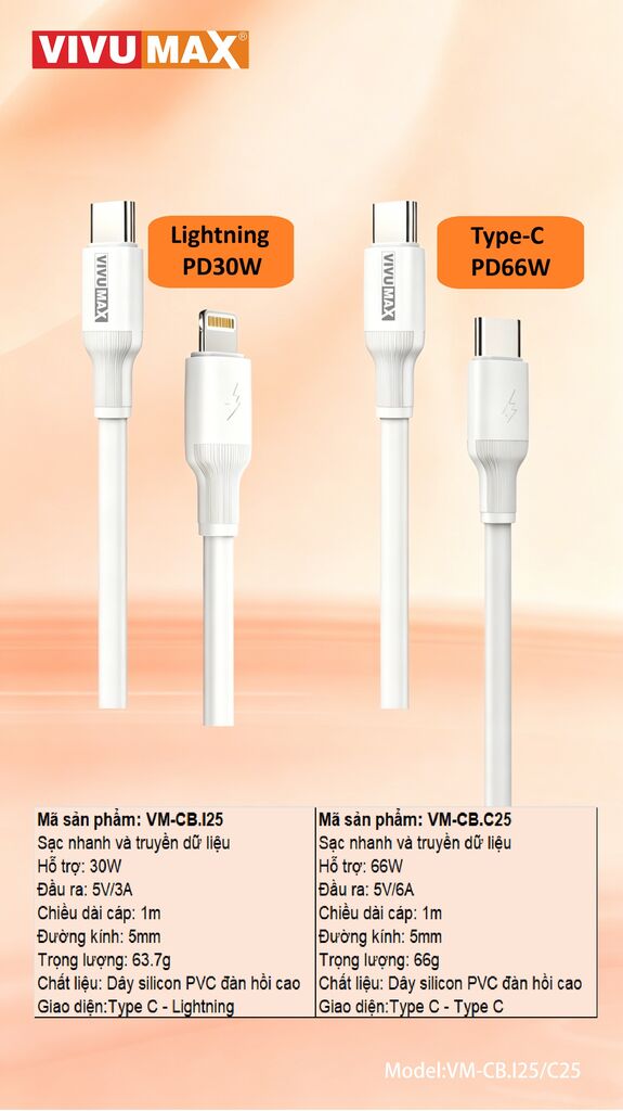 Cáp sạc nhanh Vivumax C25 C to C 66W-60916