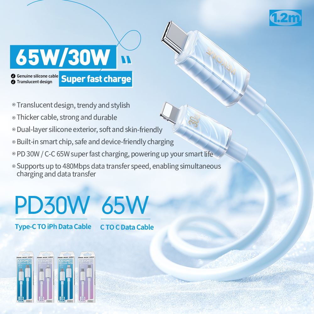 Cáp sạc nhanh Wekome Silicon 1m2 C to Lightning 30W WDC-73-56532
