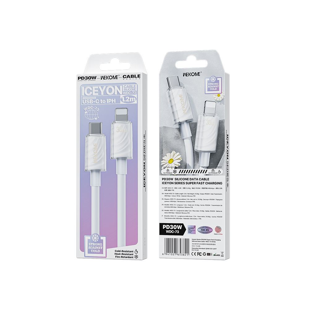 Cáp sạc nhanh Wekome Silicon 1m2 C to Lightning 30W WDC-73-56534